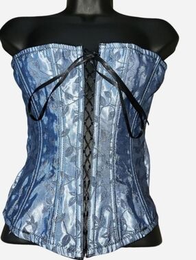 Vintage Victoria's Secret blue and black satin lace-up corset